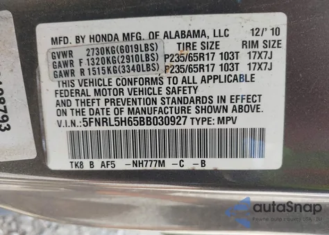 2011 Honda Odyssey Ex-L from USA, damaged, VIN 5FNRL5H65BB030927
